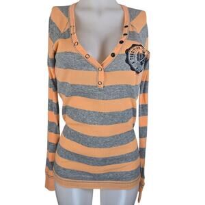 Victoria's Secret Pink Orange Gray Striped Long Sleeve Thermal Top L